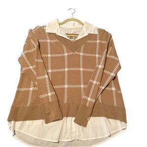 Anne Klein Two-Tone Layered Sweater in Camel and Cream